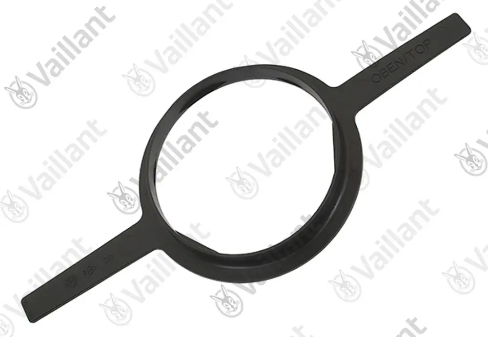 Schwarzer Abstandshalter mit zwei seitlichen Griffen, beschriftet mit "ÖFFNEN/TOP". Teil der Vaillant Produktlinie für Anschlussset.